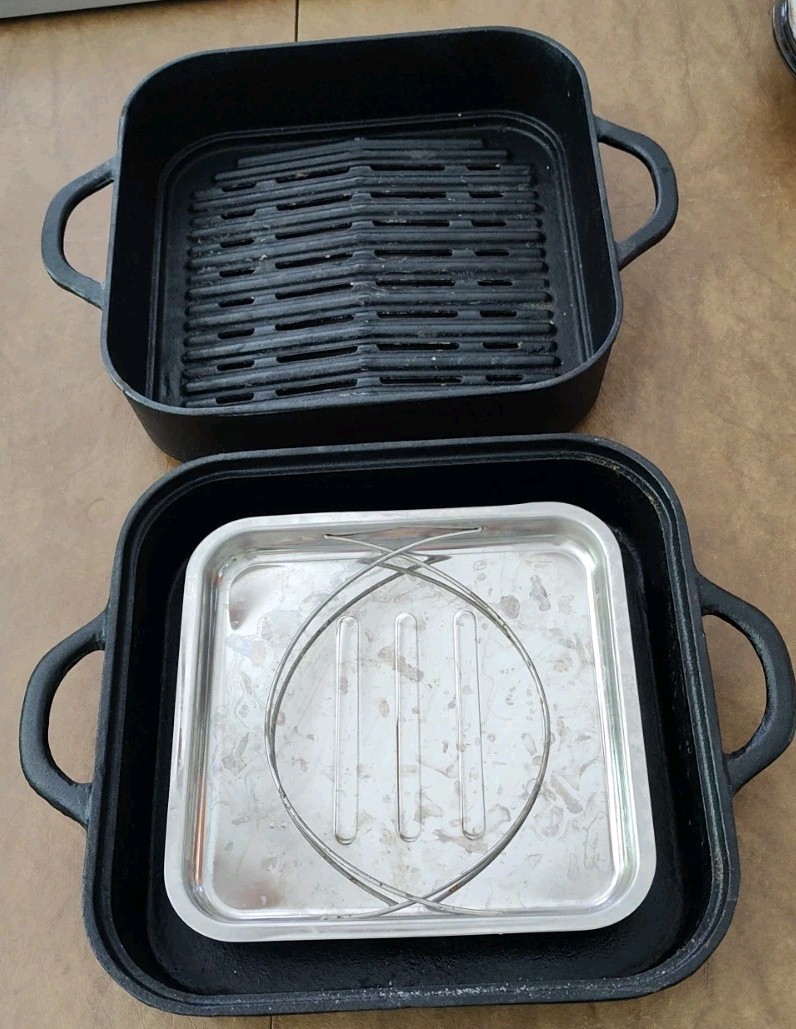 Technique 4pcs Cookware Cast-Iron 11″ BBQ Grill Pan Smoker Tray Griddle with Lid