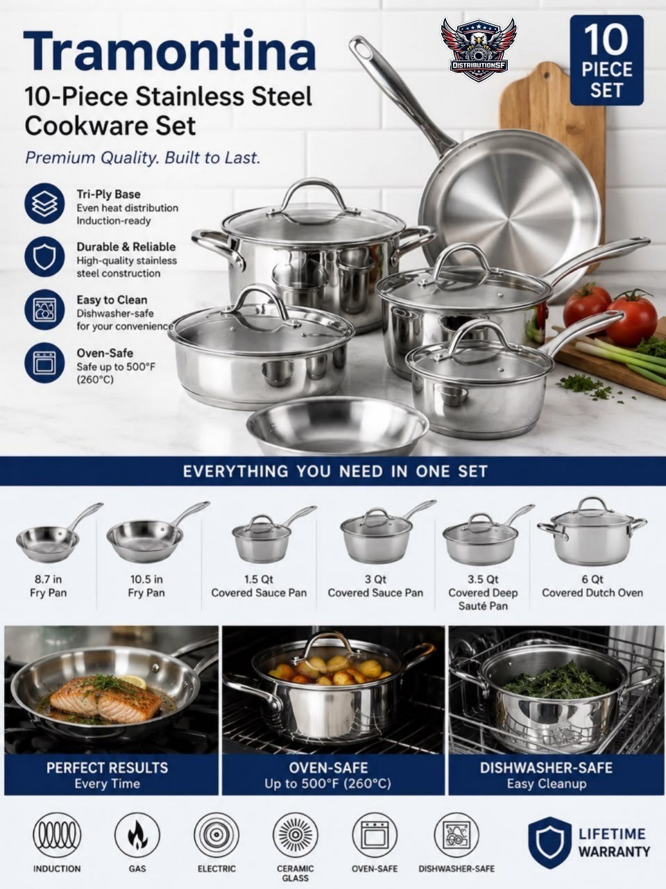 Tramontina 10-Piece Tri-Ply Base Stainless Steel Cookware Set Induction Ready