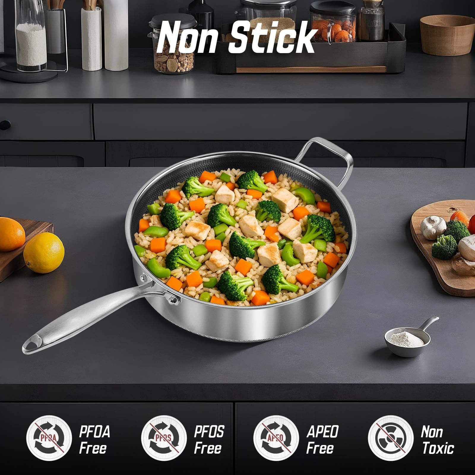 Frying Pans Nonstick wih Lid, Non Stick Tri-Ply Stainless Steel Saute Pan, 8 …