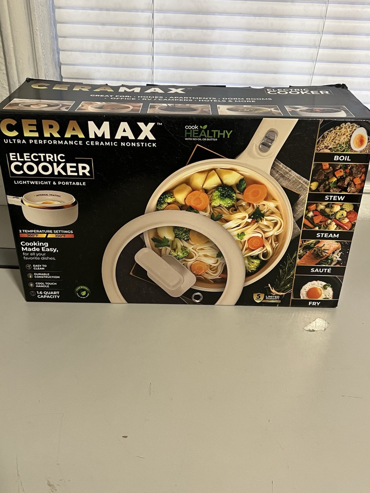 Ceramax Electric Cooker Ceramic Nonstick 1.6 Quart White Easy Clean Durable