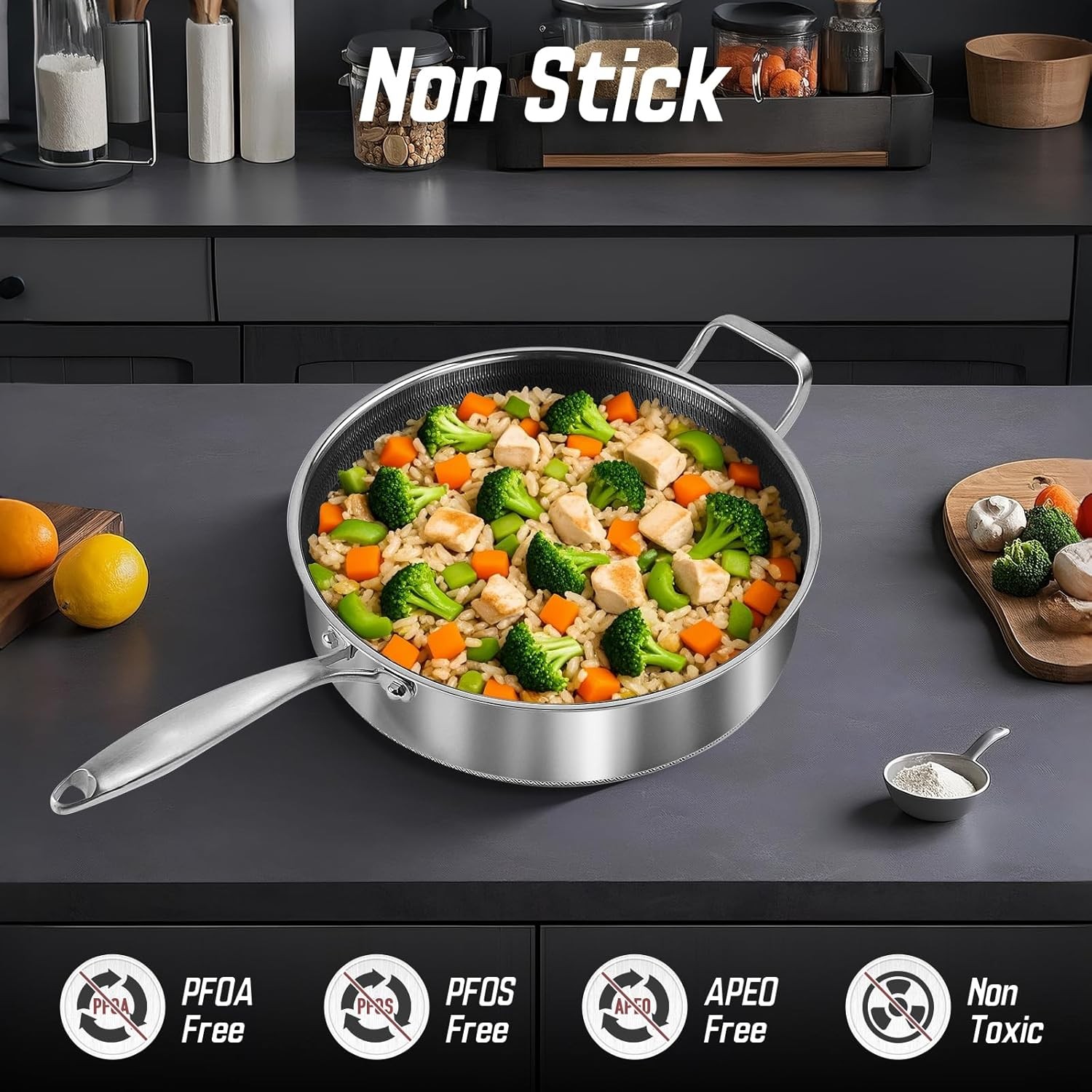 Frying Pans Nonstick wih Lid, Non Stick Tri-Ply Stainless Steel Saute Pan