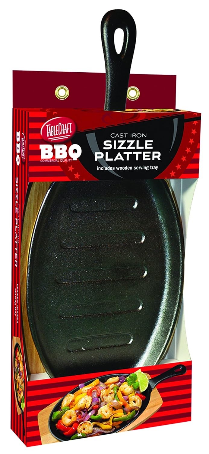TableCraft 17″ Pre-Seasoned Cast Iron Fajita Skillet Set with Wood Black