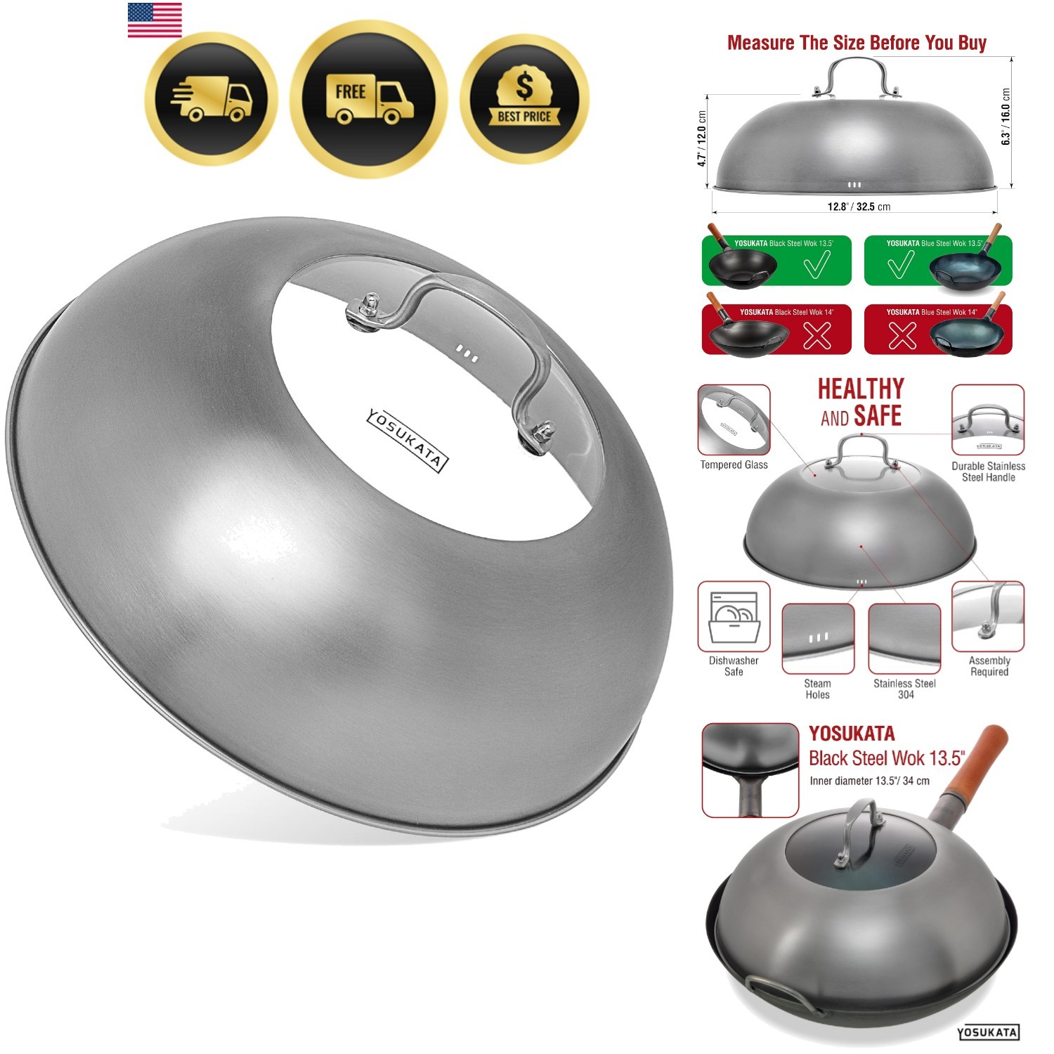 Wok Lid 12.8 Inch Stainless Steel Cover with Glass Insert Steam Holes for 13….