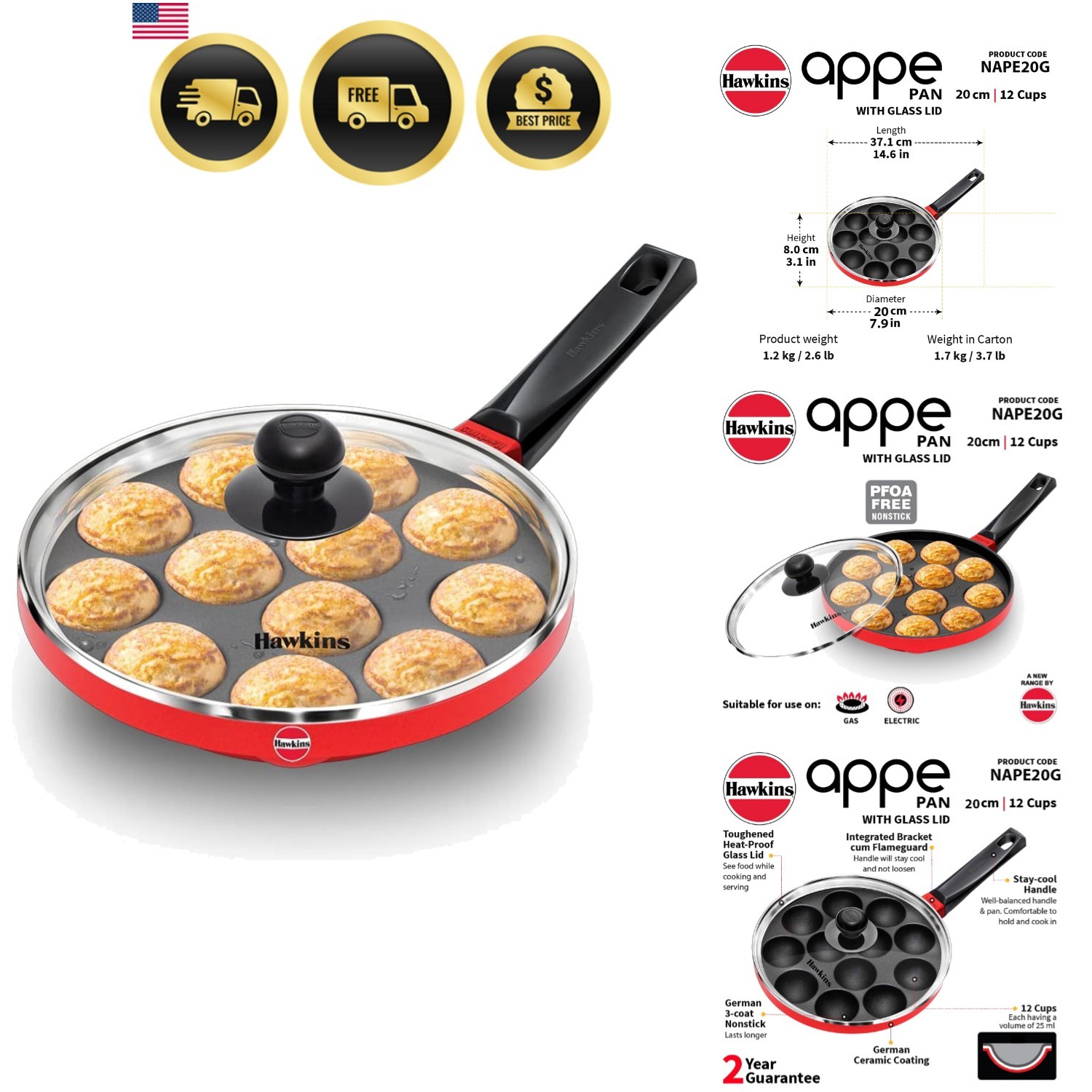 Nonstick Appe Pan with Glass Lid, 12 Cups, Diameter 20 cm, Black, Cast Alumin…