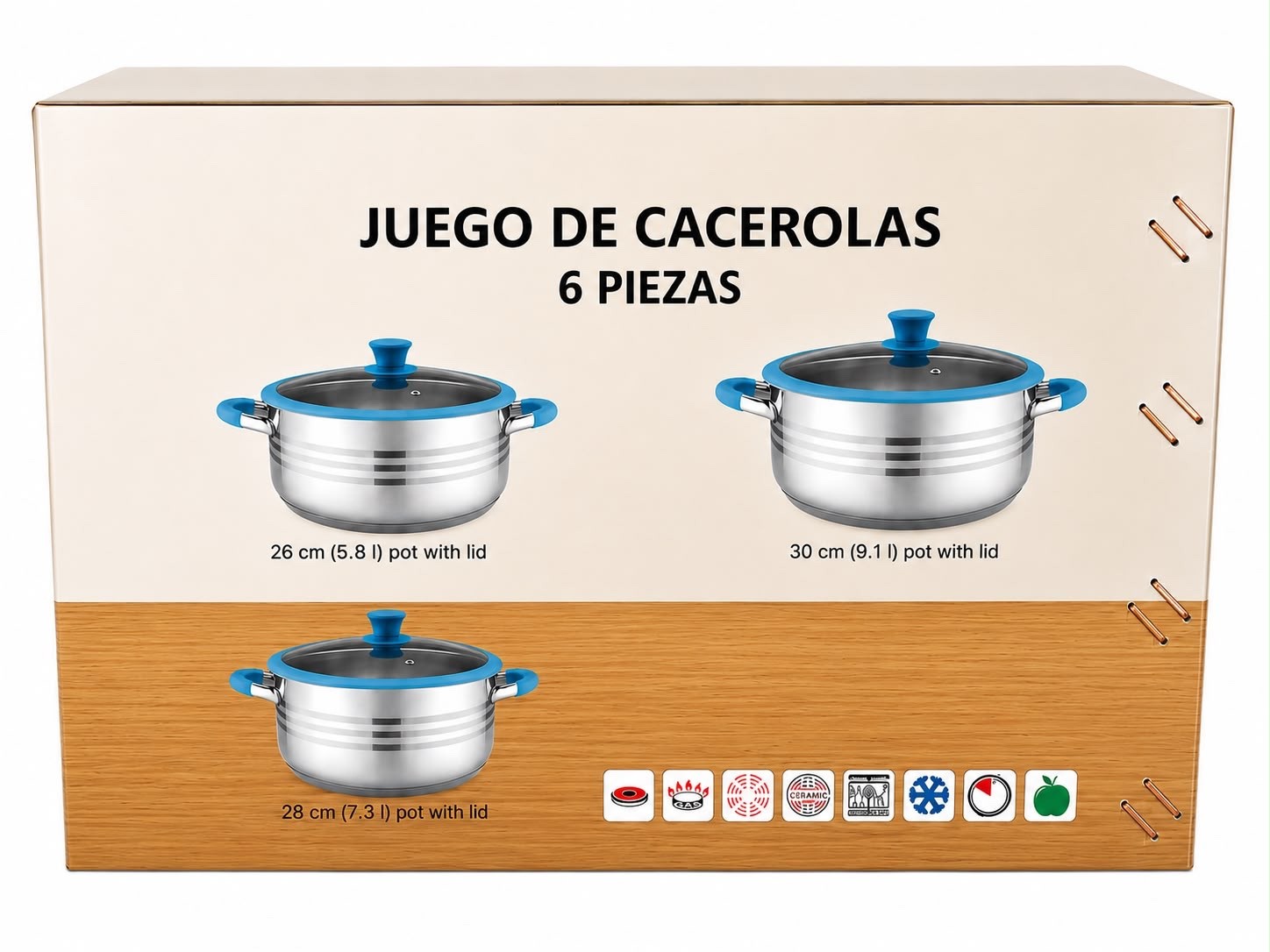 6-Piece Stainless Steel Cookware Set | Glass Lids | Blue Silicone Handles-SUIZA