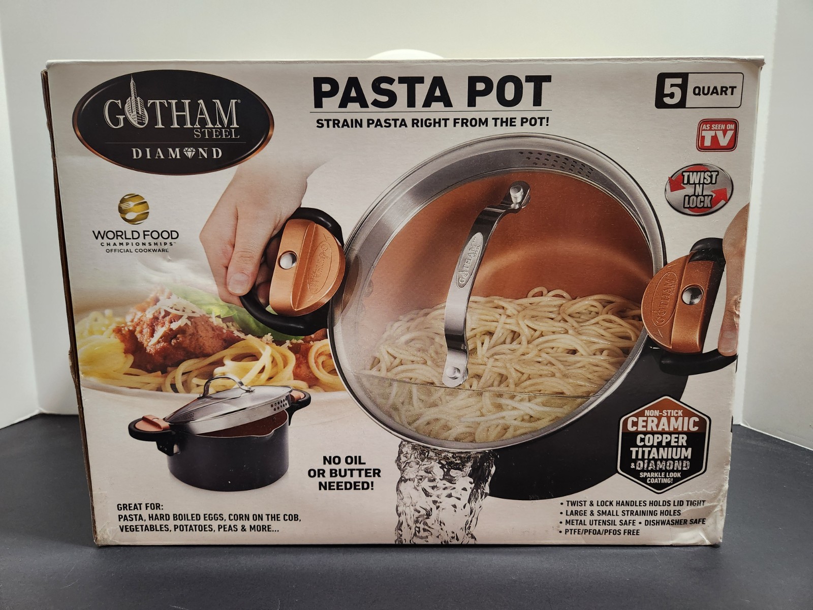 New Gotham Steel 5 Quart Nonstick Ceramic Pasta Pot with Twist & Lock Handles