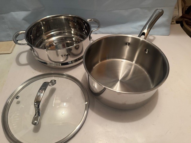 NEW T-FAL TRI PLY STAINLESS STEEL 3.2 QT SAUCEPAN W/ STEAMER & LID GAS/ELECT +