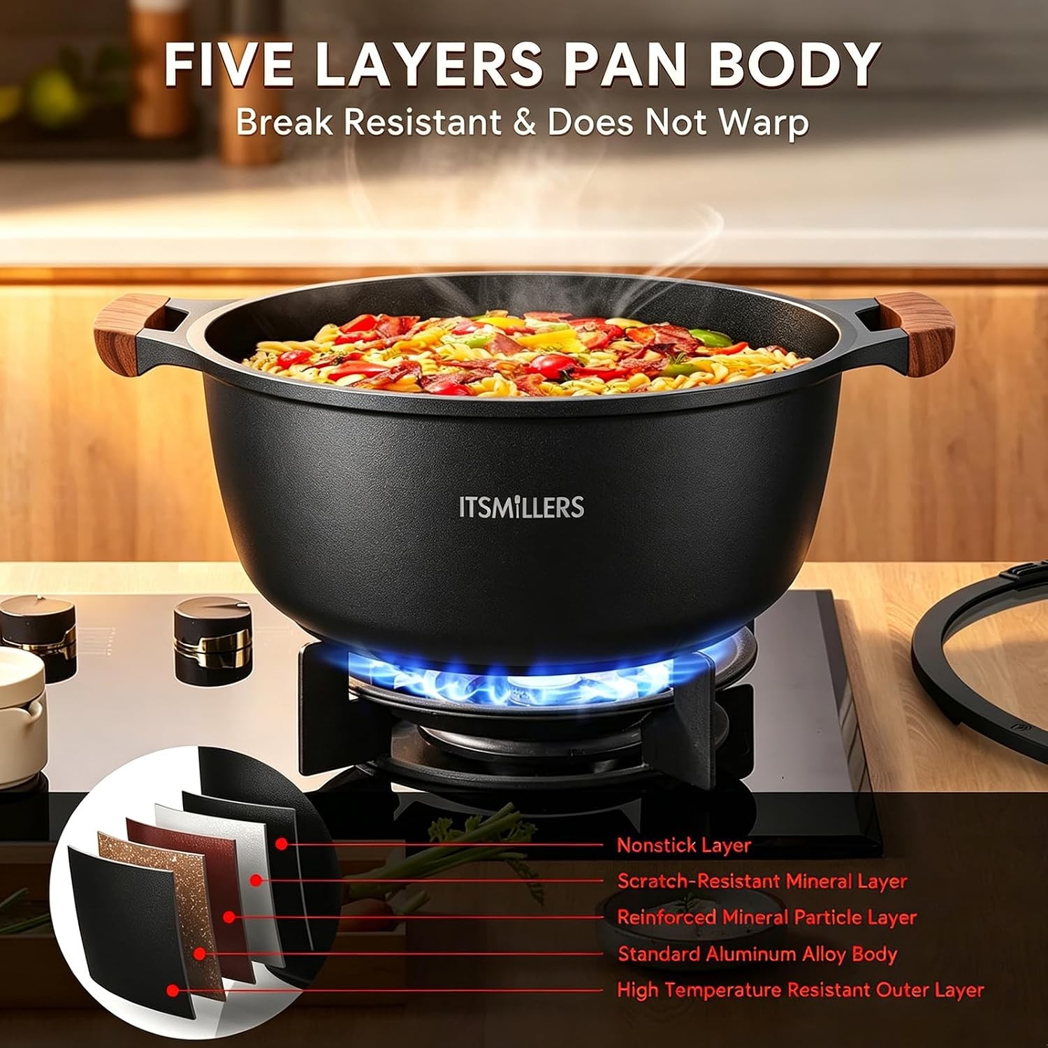 Nonstick Stock Pot, 6.5 Qt Soup Stock Pot with Strainer Lid, Induction Cooking
