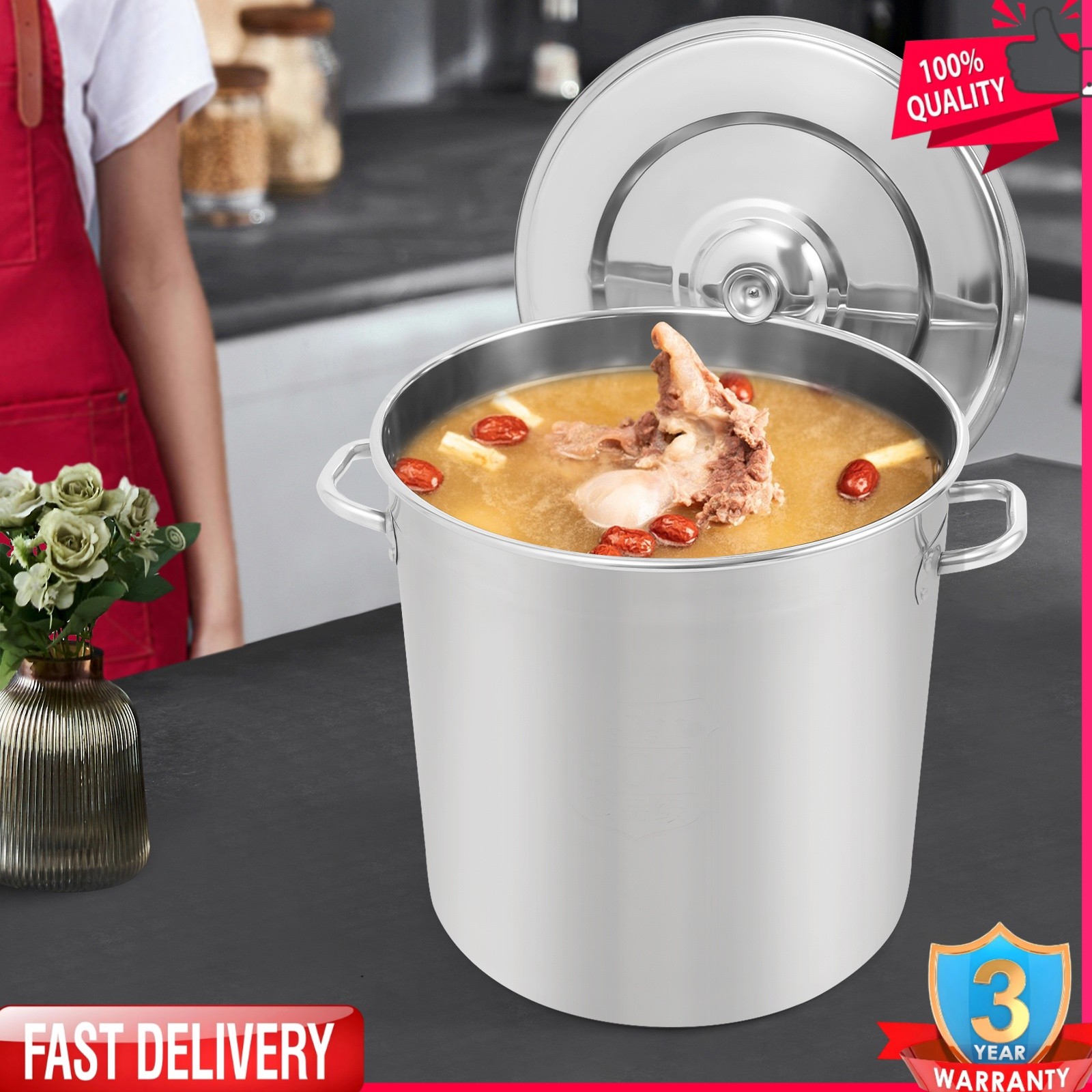 48L/50.7Qt Stainless Steel Stock Pot with Lid & Handle Large Capacity Soup Pot