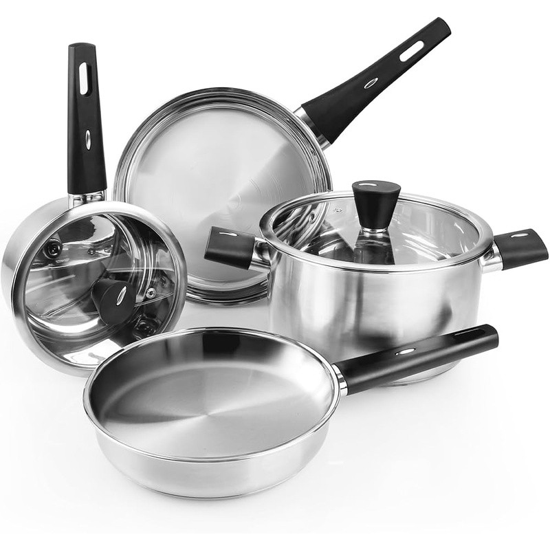 Durable Stainless Steel Cookware Set W/ Stay-Cool Handles & Glass Lids New