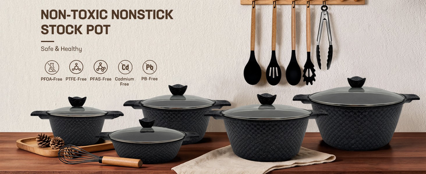 16PCS Cookware Set – Home Nonstick Stock Pot with Glass Lid, Pots and Pans Set,