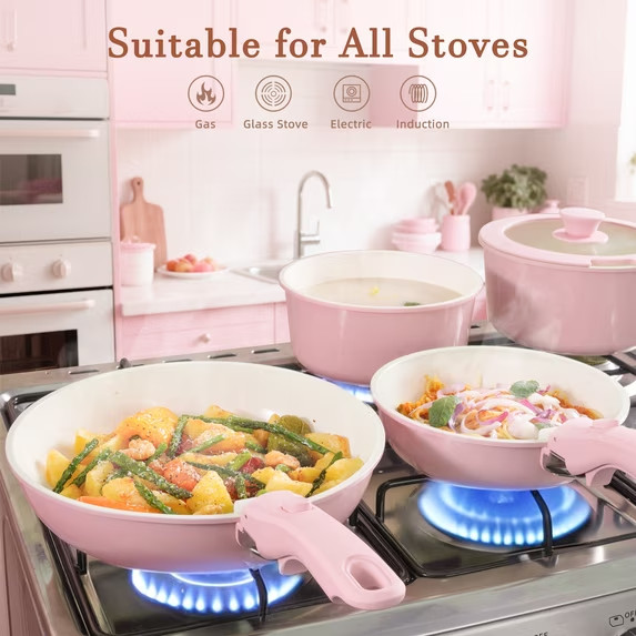 20-Piece Ceramic Pots and Pans Set, Nonstick Cookware Set with Detachable PINK