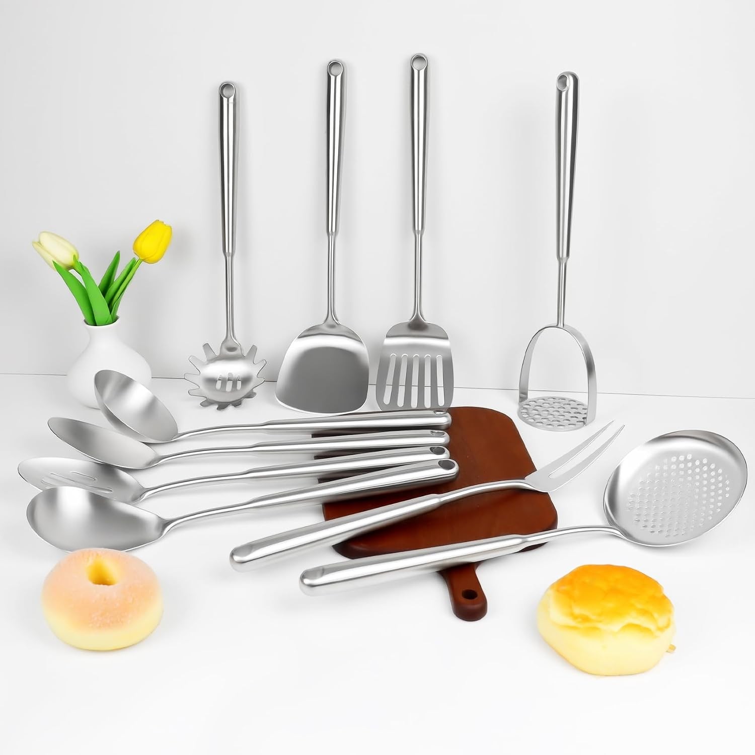 18 10 Stainless Steel Cooking Utensils Set, 10pcs Long Metal Kitchen Utensils