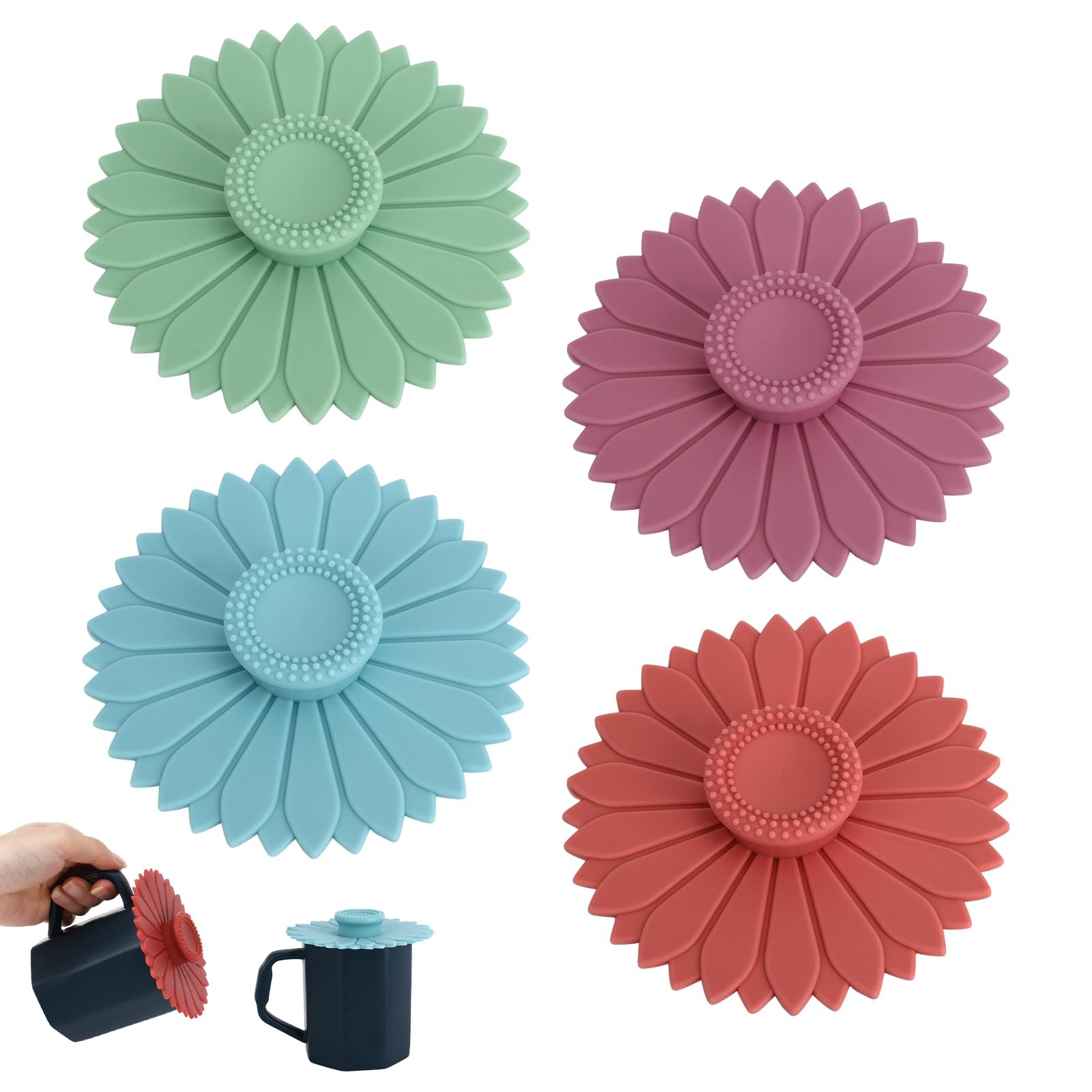 4 Pcs Sunflower Silicone Stretch Lids Multicolored for Mugs, Cups, Bowls, Gla…