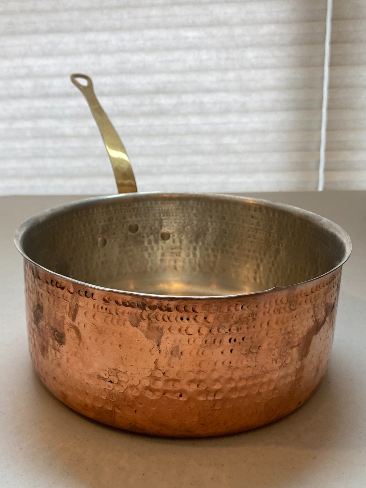 Tin Lined Hammered Copper Saucepan 8.25″ Brass Handle – Light Gauge – Unmarked