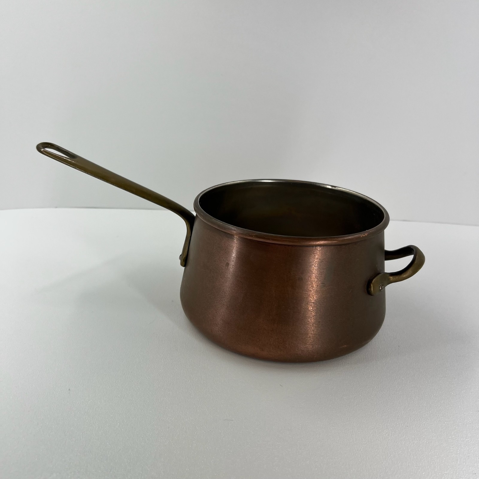 Vintage Solid Copper Saucepan Tin Lined Brass Long & Helper Handle Pot