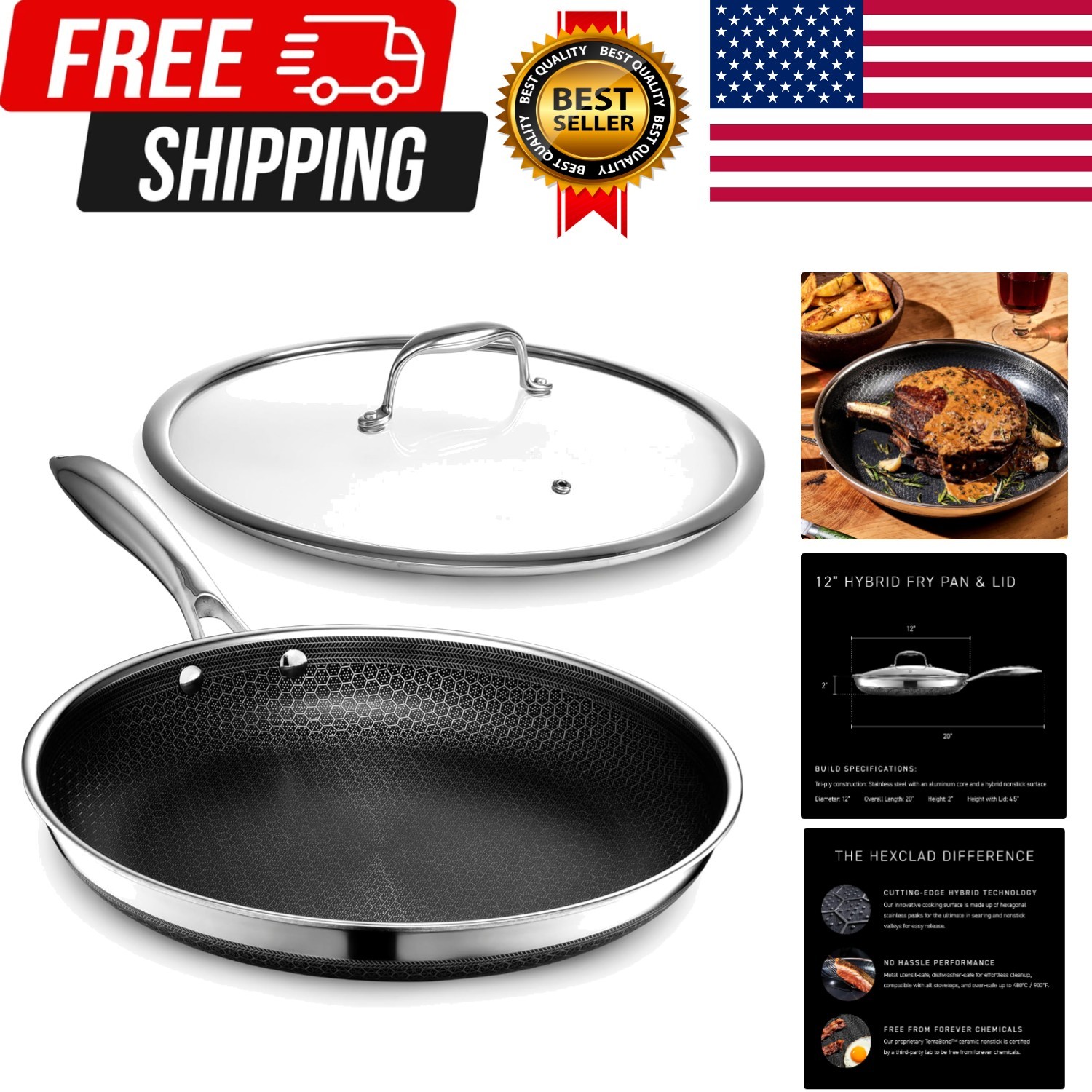 Hybrid Nonstick 12-Inch Frying Pan with Tempered Glass Lid, Stay-Cool Handle,…