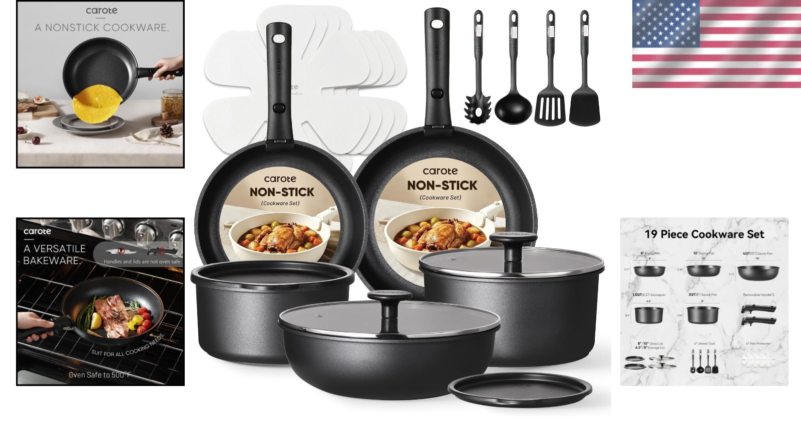 19-Piece Non-Stick Cookware Set with Detachable Handle – Ideal for All Cooking