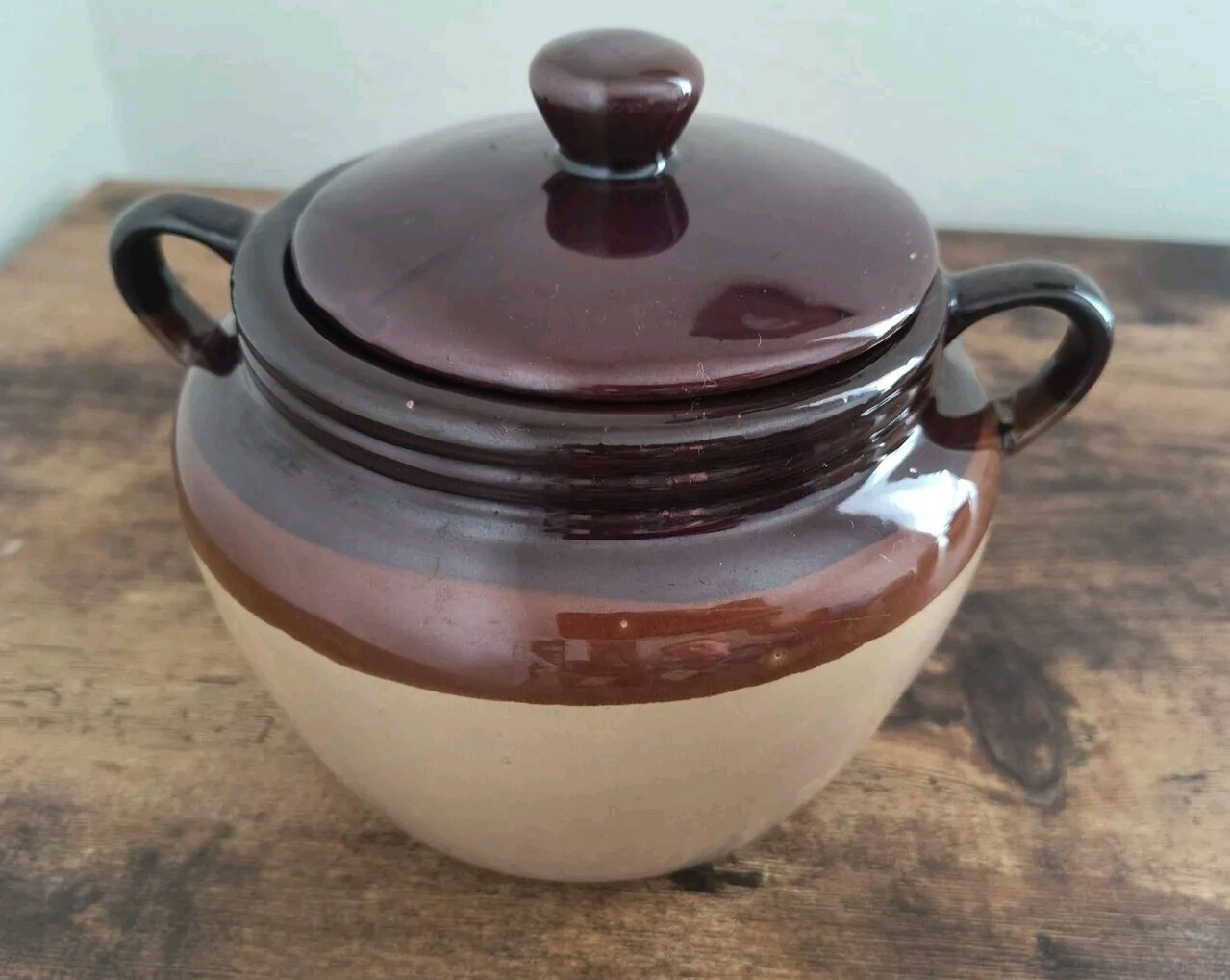 Baked Beans Double Handle 3-tone Brown Stoneware Pottery Pot with Lid, No Chips