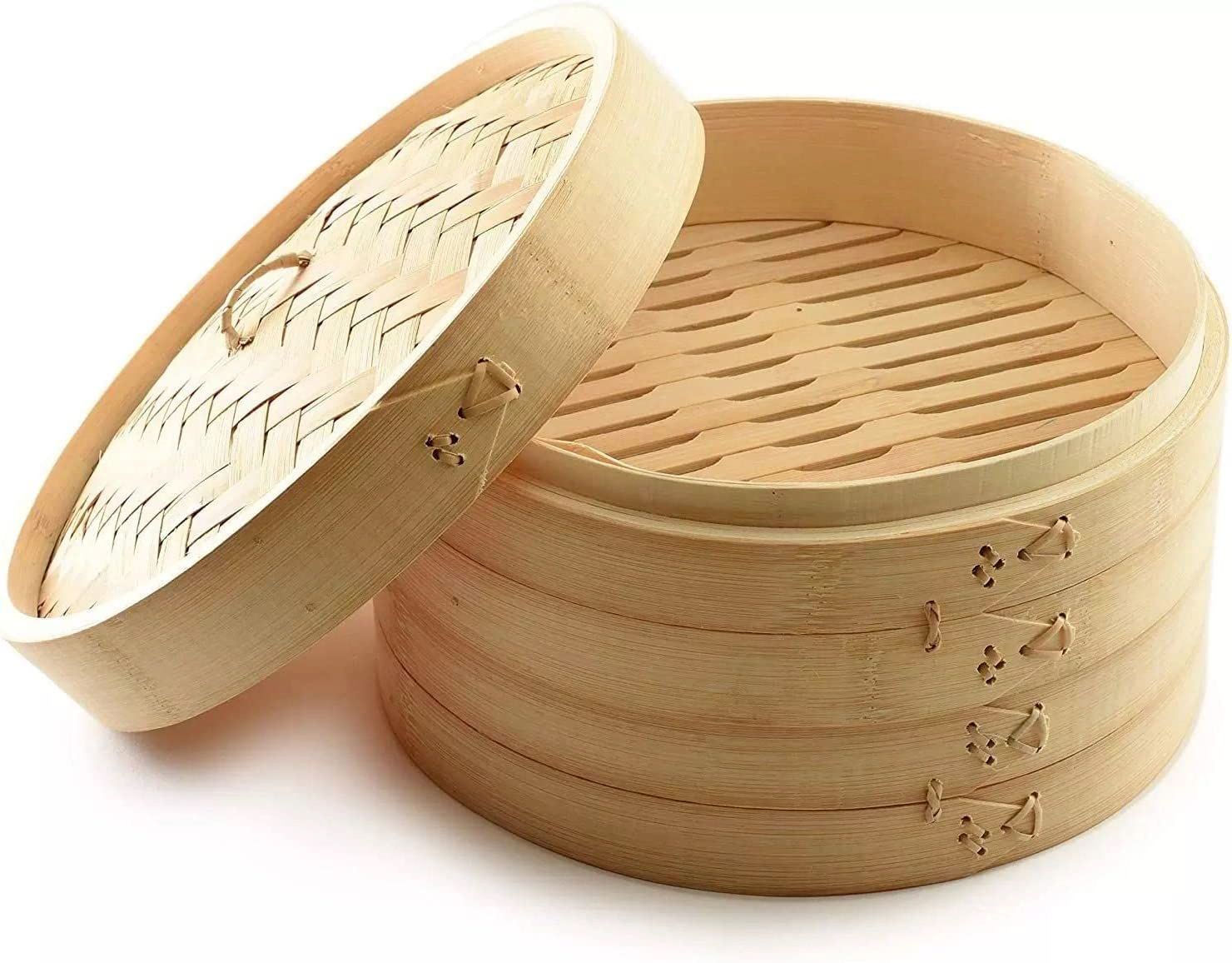 2 Tier Natural Bamboo Asian Steamer Basket 10″ Dumpling Bun Shrimp Crab