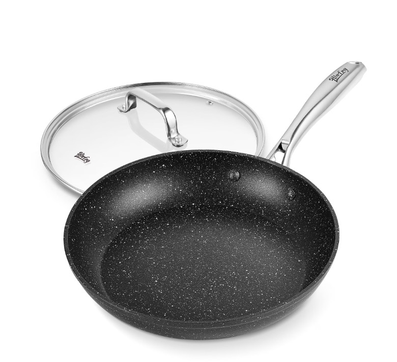 8in Nonstick Frying Pan with Lid Black Marble Stone Coating Oven Safe