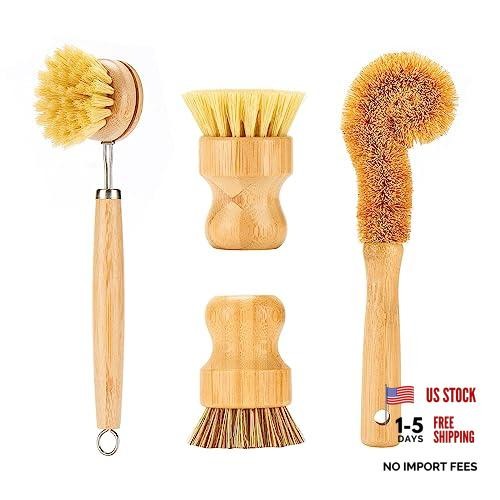 Bamboo Dish Brushes Sets 4 Tools in One Kitchen Clean Dish Scrubber for Pots