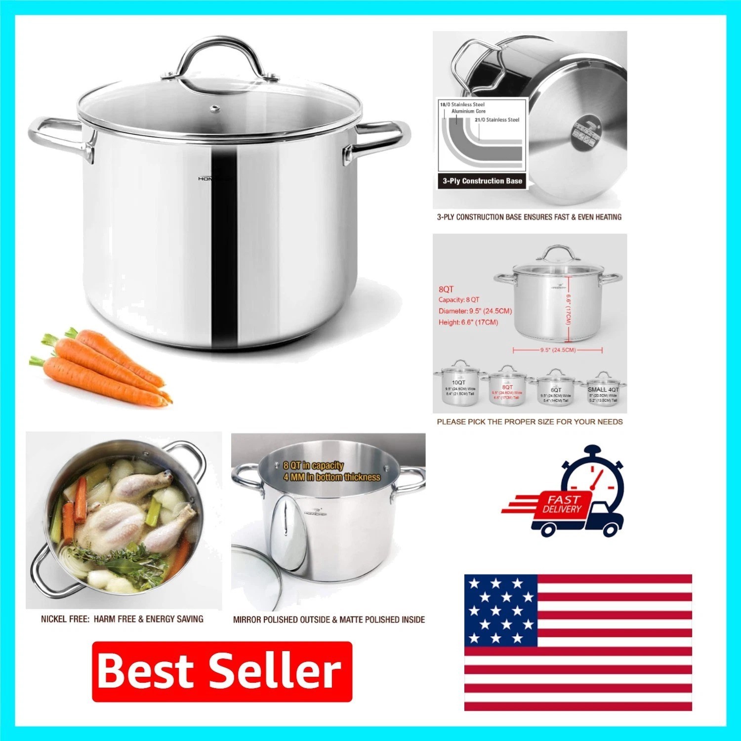 8QT Nickel-Free Stock Pot – Fast Heating, Easy Clean, Timeless Elegance