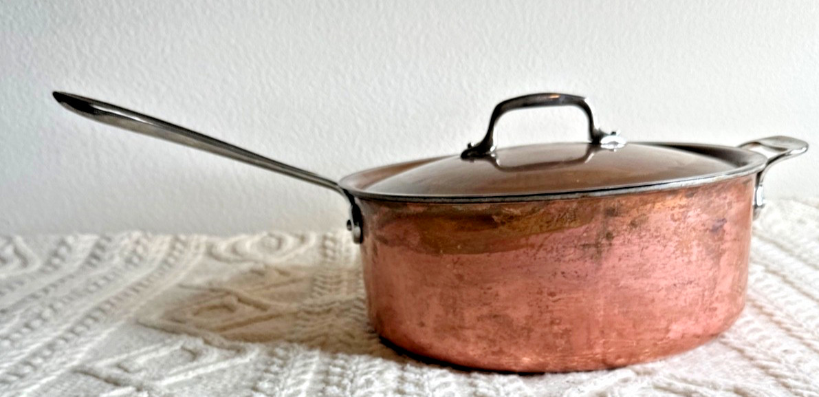 Vintage All-Clad Copper Pot w/ Lid 11″ Tri-Ply Cookware Long & Side Handles