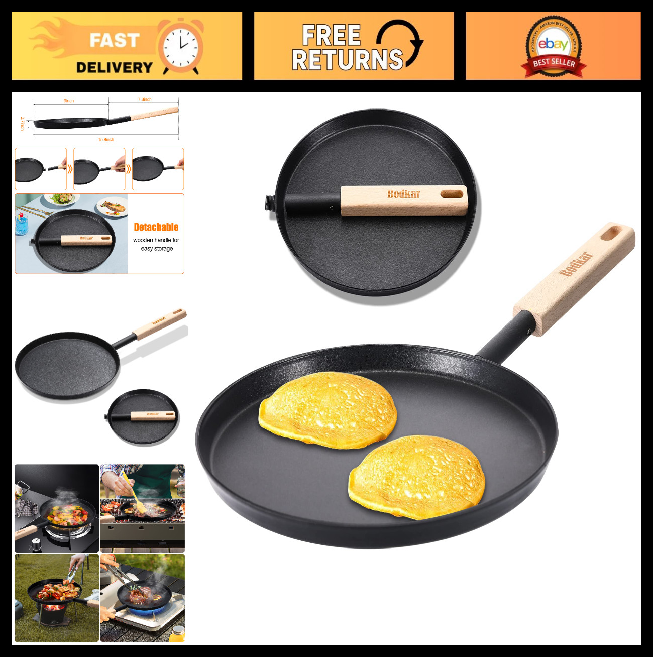 8-Inch Lightweight Frying Pan Skillet, Flat Crepe & Grill Pan with Wooden Handle