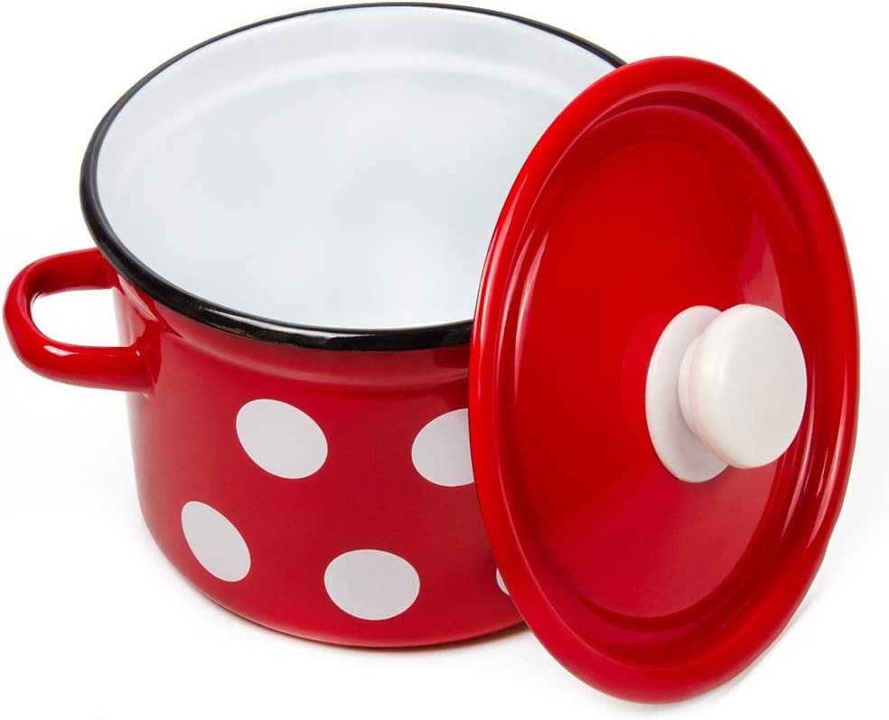 Stockpot Enameled Steel Pot Red White Polka-dot Enamelware Pot with Lid Kitchen