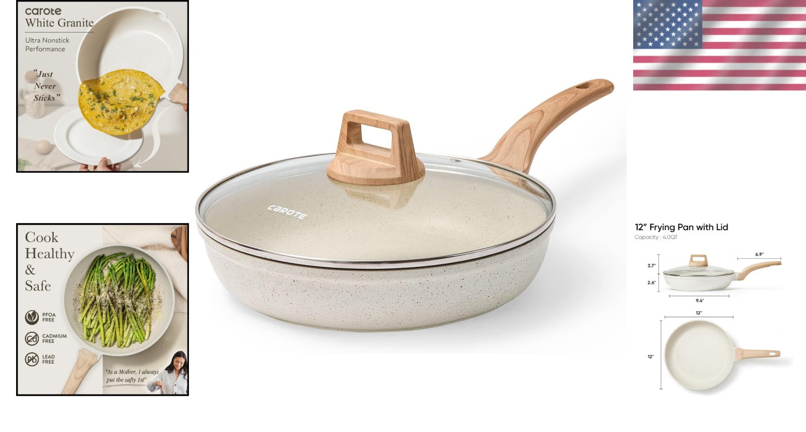 12-Inch White Granite Nonstick Frying Pan with Lid – Safe Cooking Experience