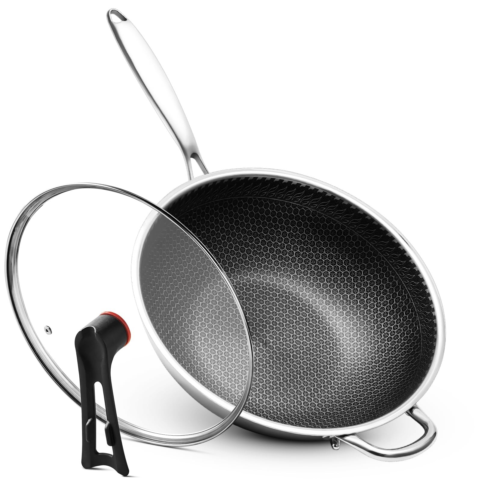 Stainless Steel Wok Pan with Lid, 12.6 Inch Honeycomb Hybrid Nonstick Stir Fr…