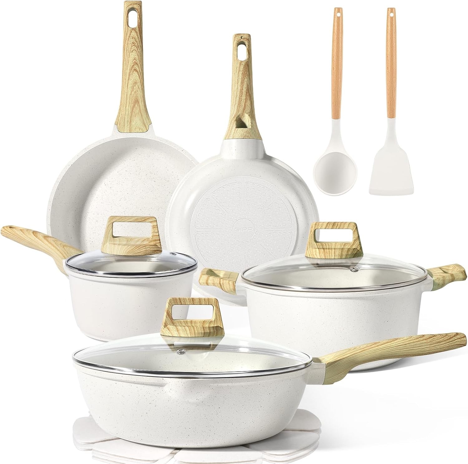 GiPP 14-Pc Nonstick Cookware Set, White Granite, Induction, PFOS/PFOA Free
