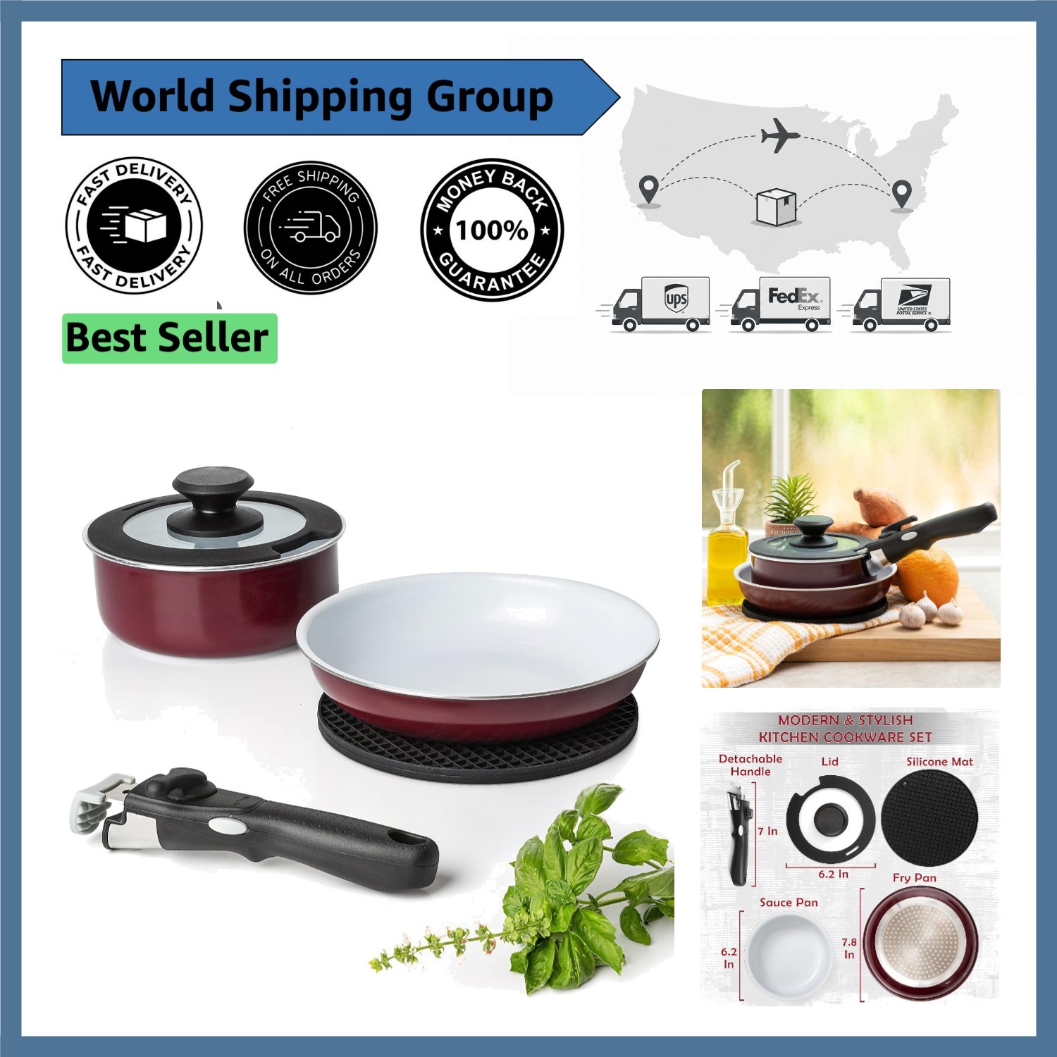 Lightweight 5-Piece Burgundy Camping Cookware Set – Nonstick & Removable Handle