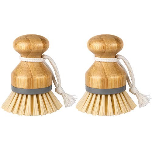 Bamboo Palm Brush, Scrub Brush for Dishes Pots Pans Kitchen Sink 2pack Natural