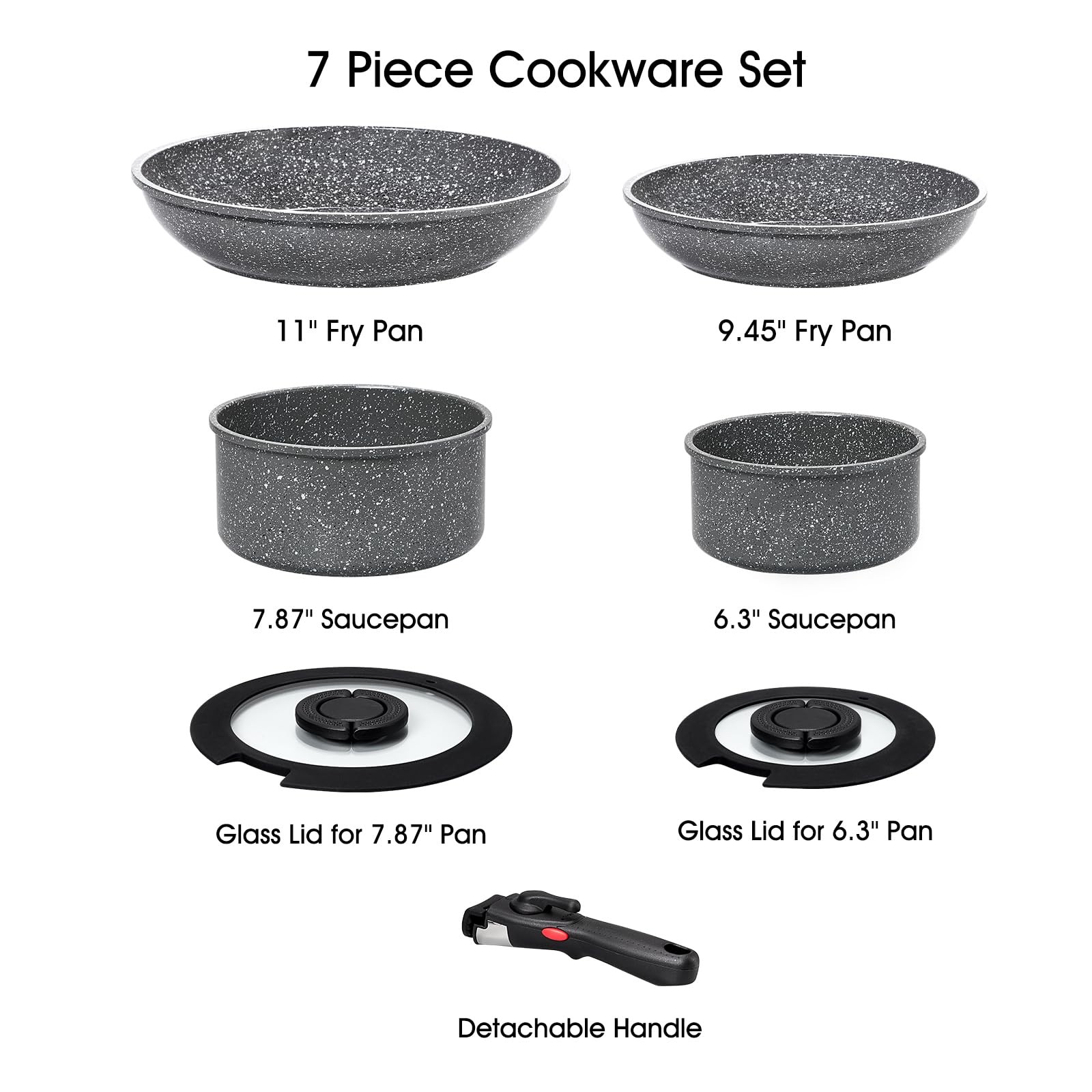 7pcs forged Aluminium Nonstick Pots and Pans Set from France with Removable Hand