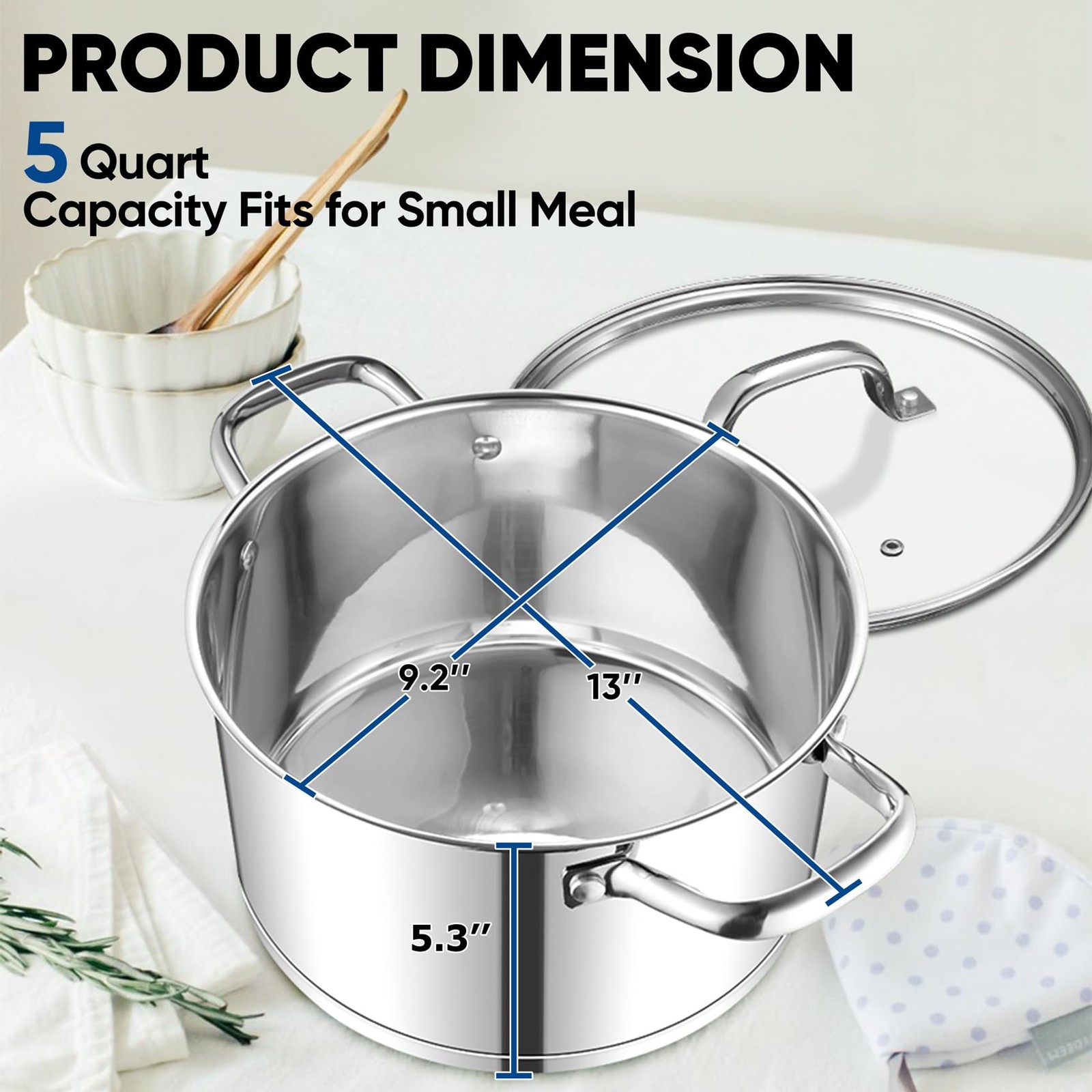 TeamFar 5 QT Stock Pot, Tri-ply Bottom Stainless Steel Stockpot Cooking Soup Pas