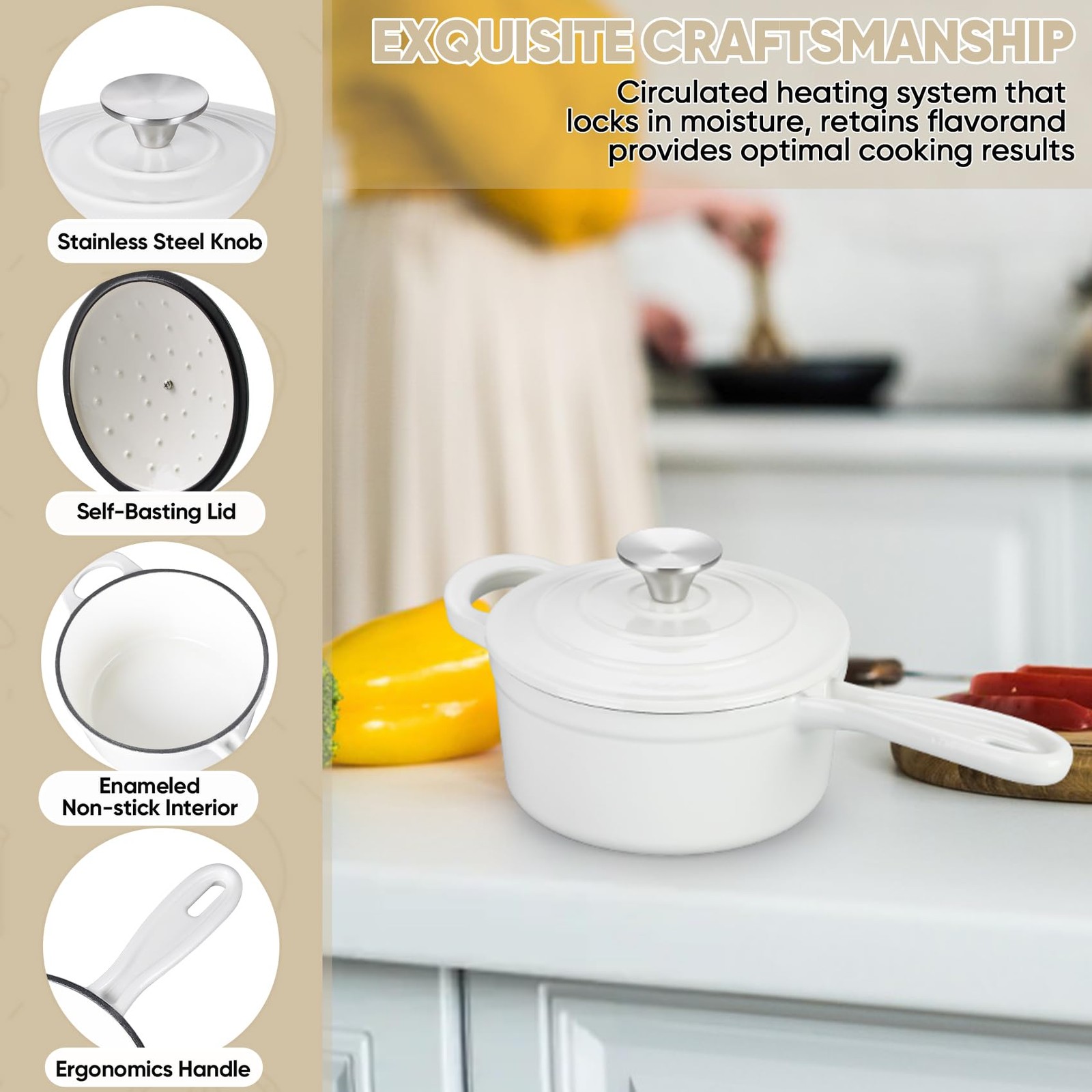 TeamFar 3QT Enameled Cast Iron Sauce Pan, Small Sauce Pot with Lid, Mini Dutch O