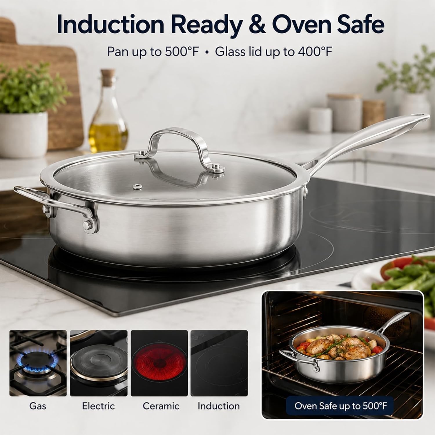 11 Inch Tri-Ply Stainless Steel Saute Pan with Glass Lid, 4.7 QT Deep Skillet