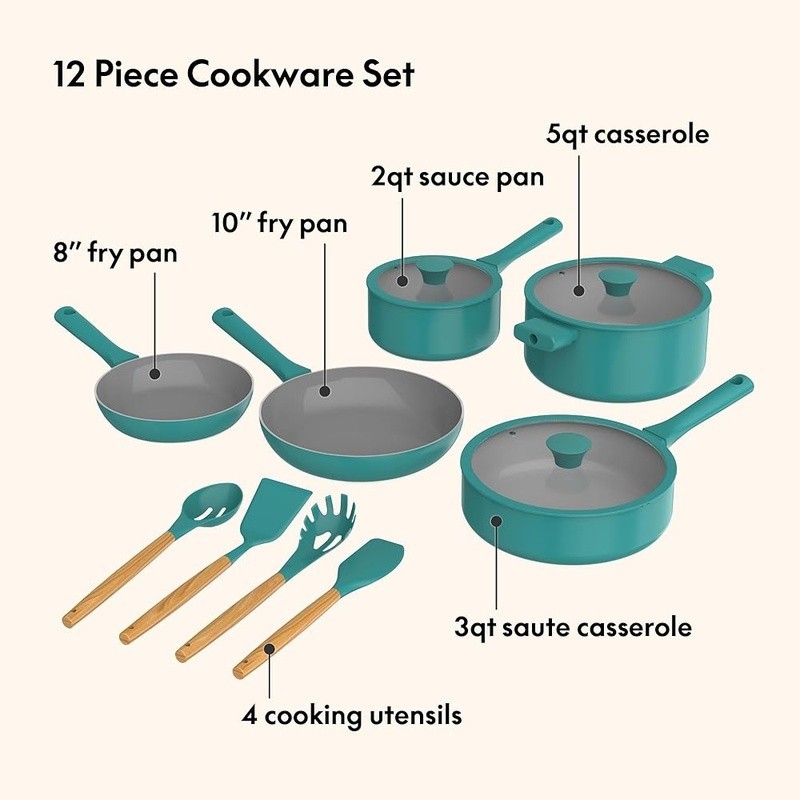 12 Piece Nonstick Cookware Set W/ Fry Pans Sauté Pan Saucepan Utensils New