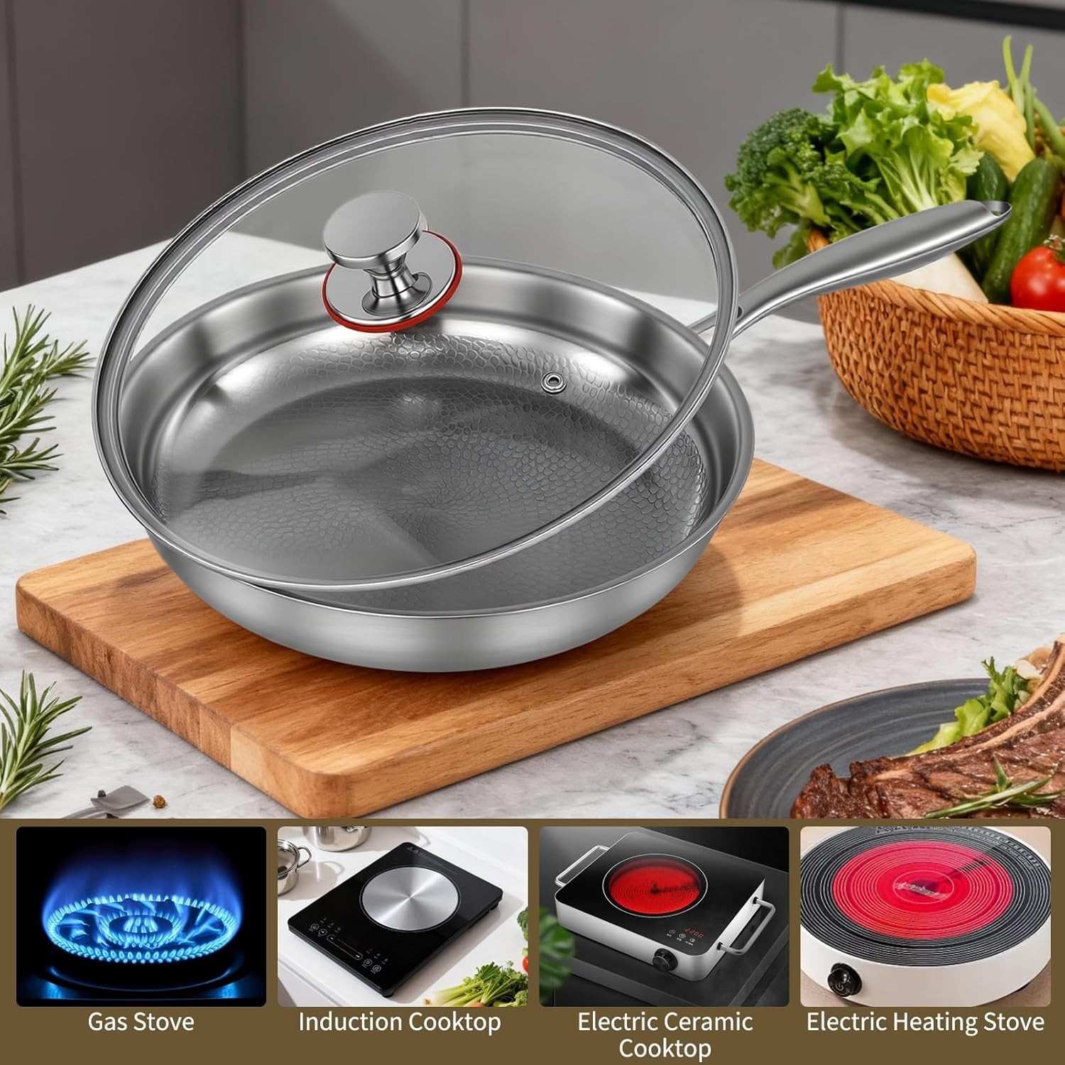 10.2In Titanium Hammered Pan Pro for Cooking, Titanium Pan with Lid