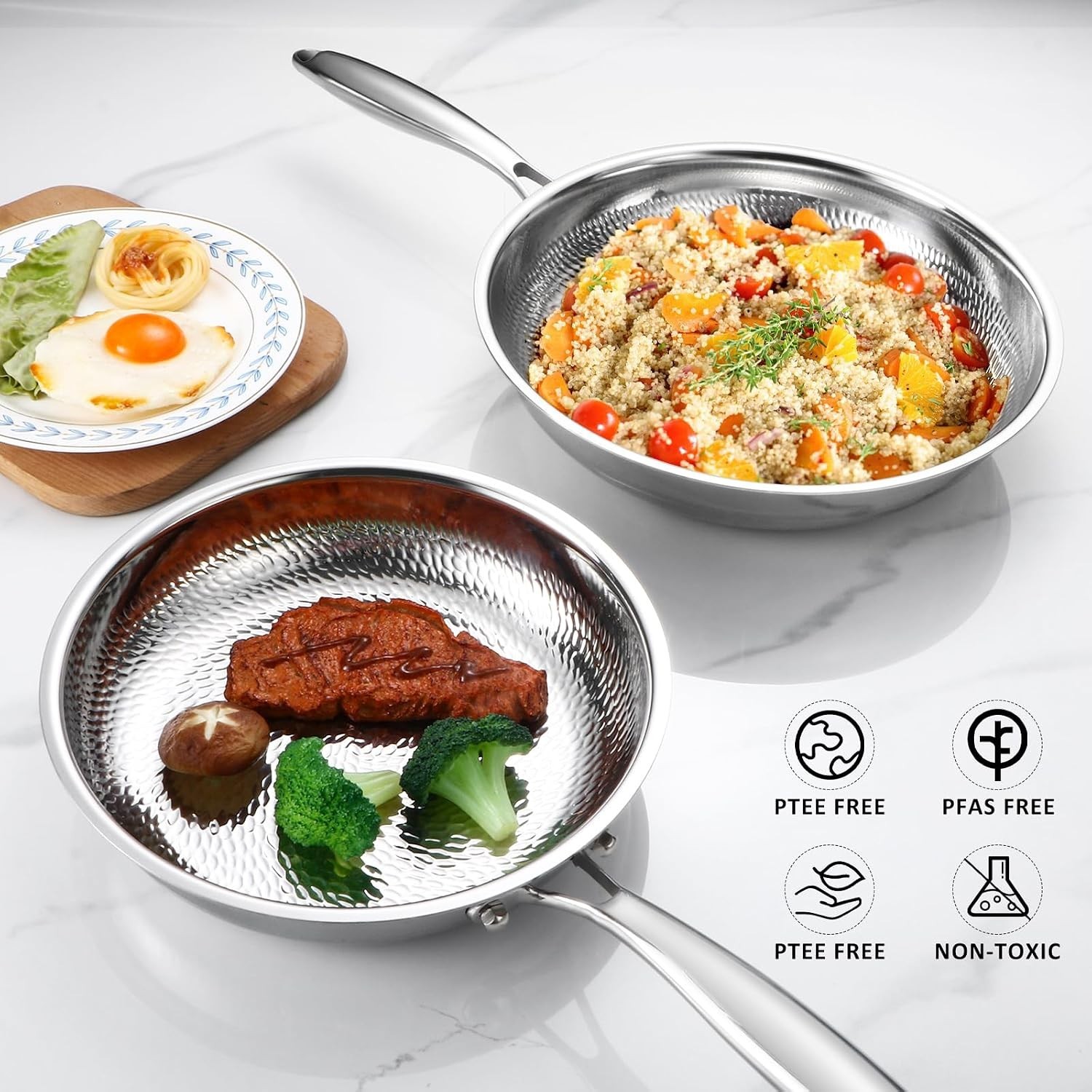 Pure Titanium Hammered Frying Pan with Lid, 12 Inch Skillet, No Coating Cookw…