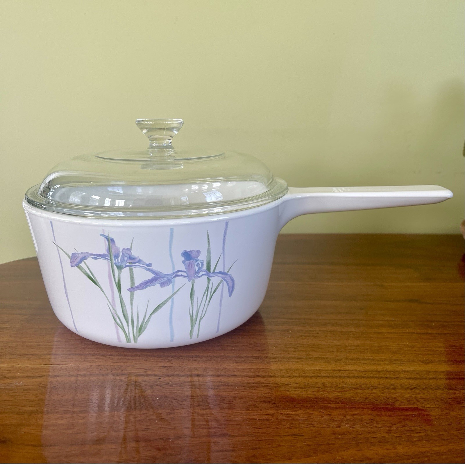 CorningWare Shadow Iris Ceramic Saucepan White Purple Green w/Glass Lid 1.5 L