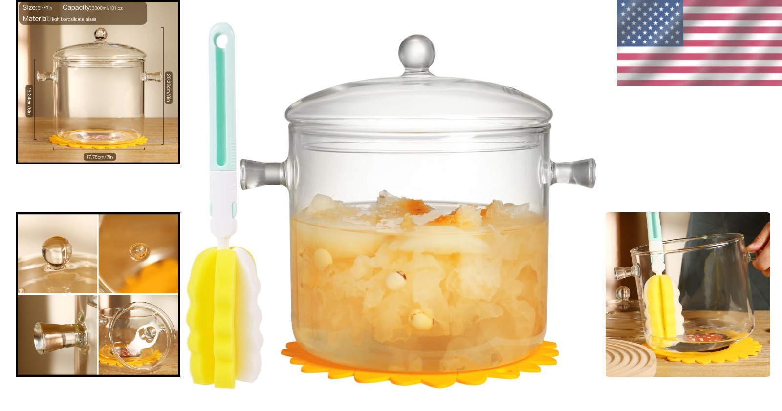 Glass Cooking Pot with Lid Brush and Hot Pads 3L Borosilicate Stovetop Pan
