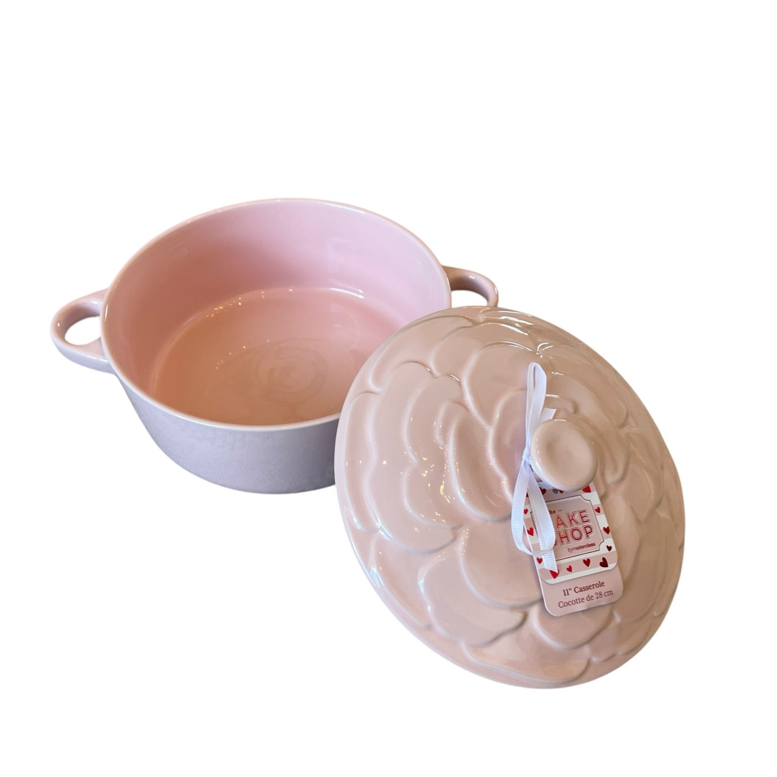 The Bake Shop Rose Embossed Casserole Dish w/ Lid 11in Large Pastel Pink New