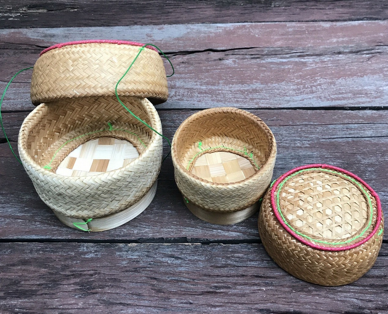 Vintage Thai Handicraft Kratip Sticky Rice Serving Natural Brown Bamboo Basket