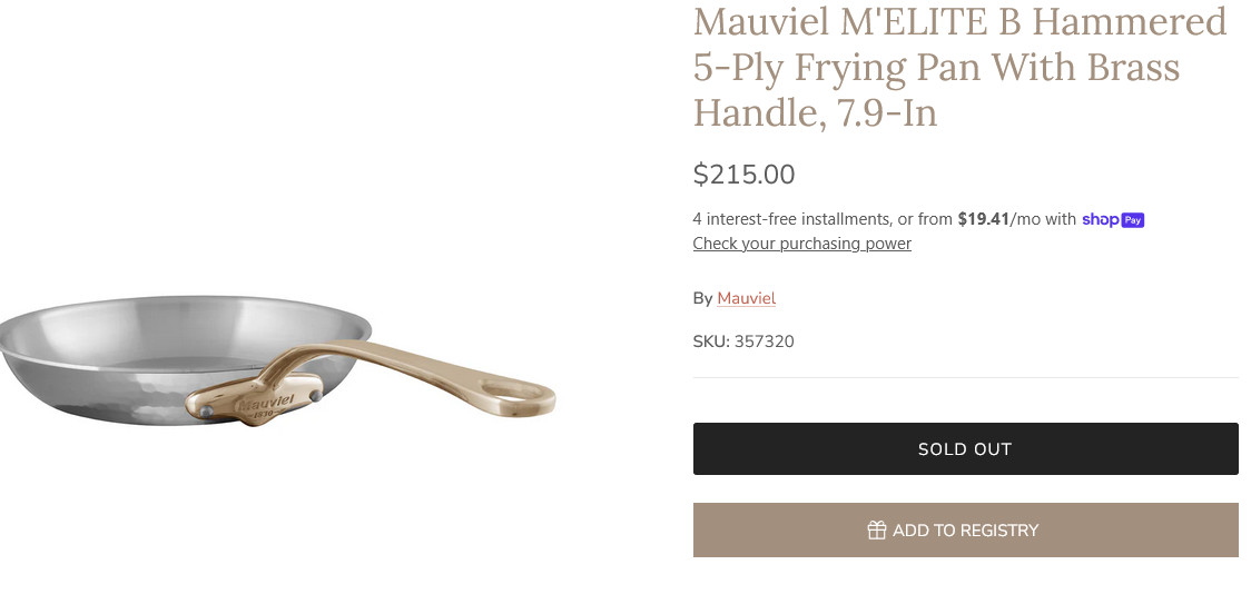 NWOT Mauviel M’ELITE B Hammered 5-Ply Frying Pan With Brass Handle 8″ FREE SHIP