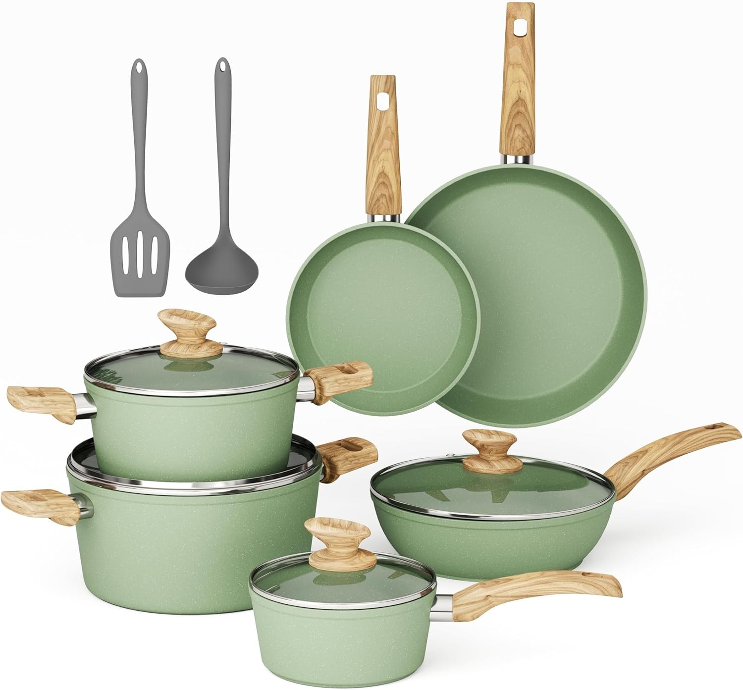 Pots & Pans Set Non Stick 12 Piece Green Granite Kitchen Cookware Induction