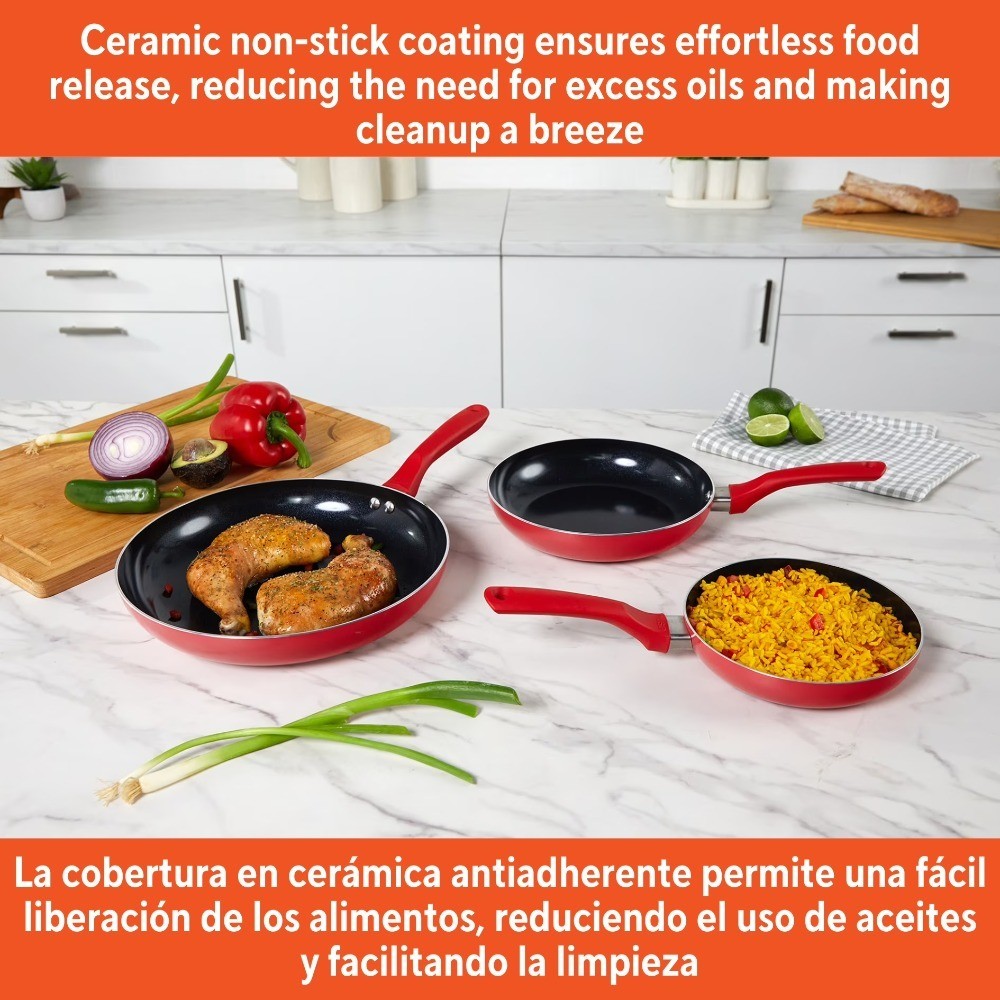 Nonstick Ceramic Cookware Set 3-Piece Red Aluminum Stay-Cool Handles Skillets 7