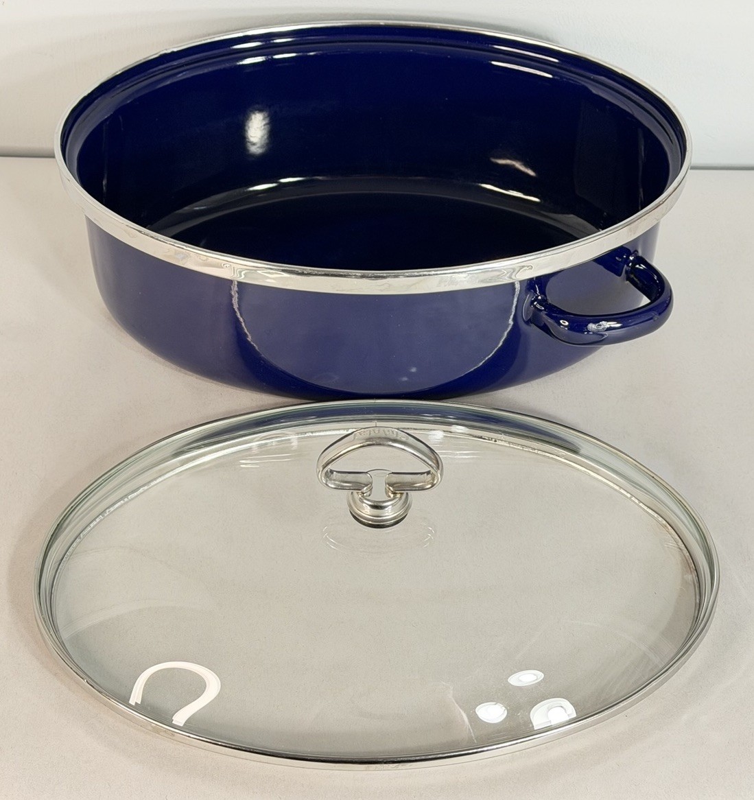 Chantal Enamel On Steel Blue Roaster Pan Dutch Oven Oval Dome w/ Glass Lid OV30